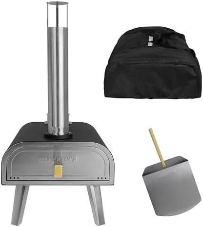 George Foreman Outdoor 16 Inch Wood Pellet Portable Wood Fired Pizza Oven Black with Paddle and Carry Bag, BBQ Oven & Smoker, Foldable Legs GFWPPO2BPC