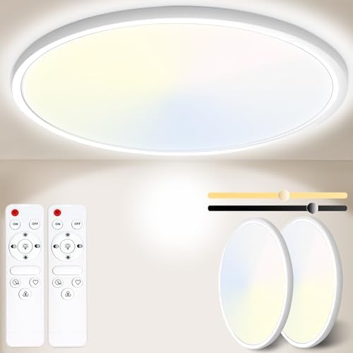 Yexati Bathroom Light 24W 3200LM 30cm Dimmable with Remote Control 6500K-3000K, IP54 LED Bathroom Light Ultra Thin Flush Ceiling Light Round for Kitchen Toilet Porch Bedroom Utility Room White 2 Pack