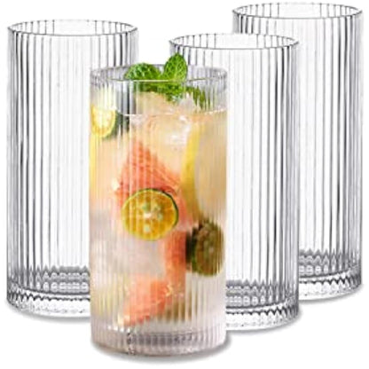 INSETLAN 370ml Drinking Glasses Set of 4,Vintage Ribbed Cup Glassware,Origami Style Transparent Cocktail Glasses Set, Bar Beverages Iced Coffee Cup Juice Ripple (L-370ML)