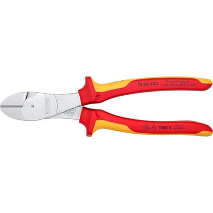 KNIPEX High Leverage Diagonal Cutter, Chrome-Plated, 200 mm, VDE, Chrome Vanadium Steel, Piano Wire, Precision Cutting, Side Cutters, 74 06 200