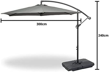 GardenCo 3m Cantilever Banana Parasol INCLUDES BASES & COVER - Hanging Parasol with Crank Handle - Outdoor Garden and Patio Sun Shade (Grey)
