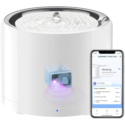 PETKIT Cat Water Fountain, UVC Wireless Pump, APP Control, 1.8L Cat Fountain Stainless Steel, Ultra Quiet, Hygienic Fresh Water for Cats Dogs, 3 Working Mode, Smart LED Light, Activated Carbon Filter