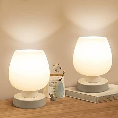 ONEWISH Touch Bedside Table Lamp Set of 2 - Small Modern, 3-Way Dimable Desk lamp with White Opal Glass Lamp Shade, 3000K LED Bulb, Simple Design Home Décor for Bedroom Living Room Nightstand