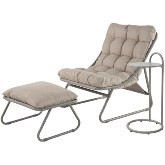 Grand patio Sun Lounger for garden, Garden lounger with Side Table and footstool, Recliner Chair with Removable Cushion for Adults, Reclining Garden chairfor Patio, Living Room, Outdoor, Champagne