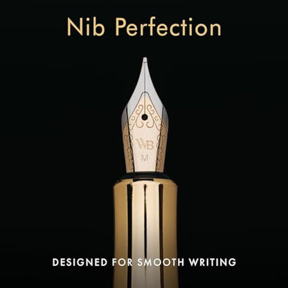 Wordsworth and Black Fountain Pen Mini EDC: Luxury Gold Heavy Pocket Pen, Gold Finish, Medium Nib, 6 Ink Cartridges, Ink Converter, Travel Refillable Writing Pen Gift Set, Men & Women
