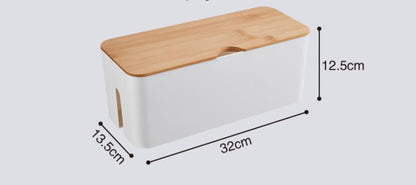 Cable Box with Bamboo Lid, Cable Management Organiser, Storage Box for Hiding Cables, Organising, Computer Wiring, 32 x 13.5 x 12.5 cm, White