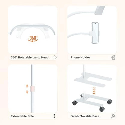 Lmaqfum Lash Light for Eyelash Extensions, 2 in 1 Half Moon Lamp with Phone Holder & 50cm Swing Arm, 7 Colours & Stepless Dimming, Esthetician Light with Wheel Stand for Eyelash Extension, White