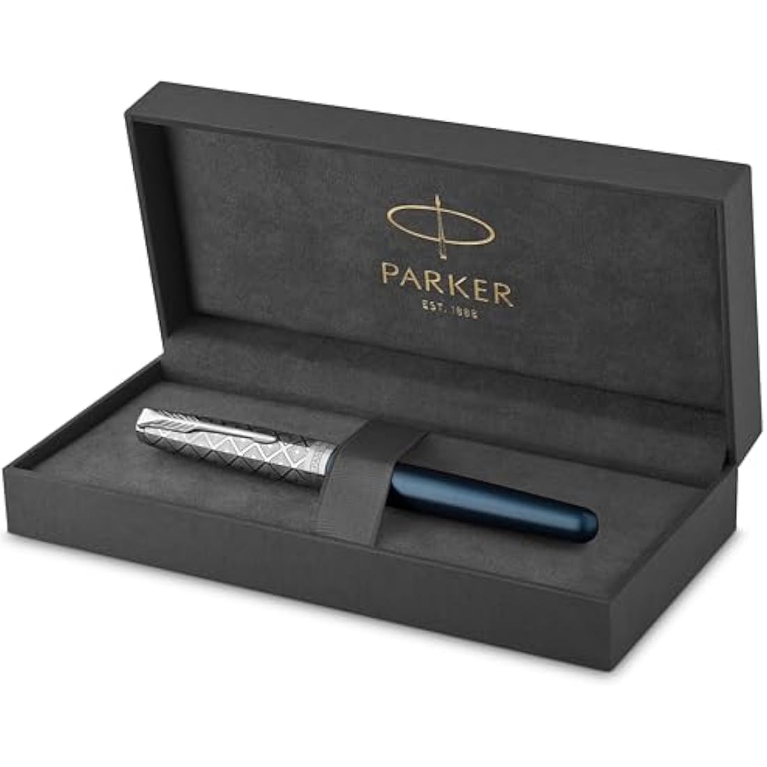 PARKER Sonnet Fountain Pen | Premium Metal and Blue Satin Finish with Chrome Trim | Fine 18k Gold Nib with Black Ink Cartridge | Gift Box