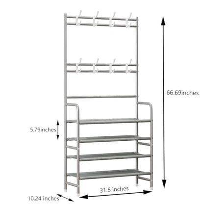 Dazioter Coat Rack Shoe Rack With Storage Shelf Freestanding with 8 Hooks for Entryway Bedroom (Grey, 4Tier)