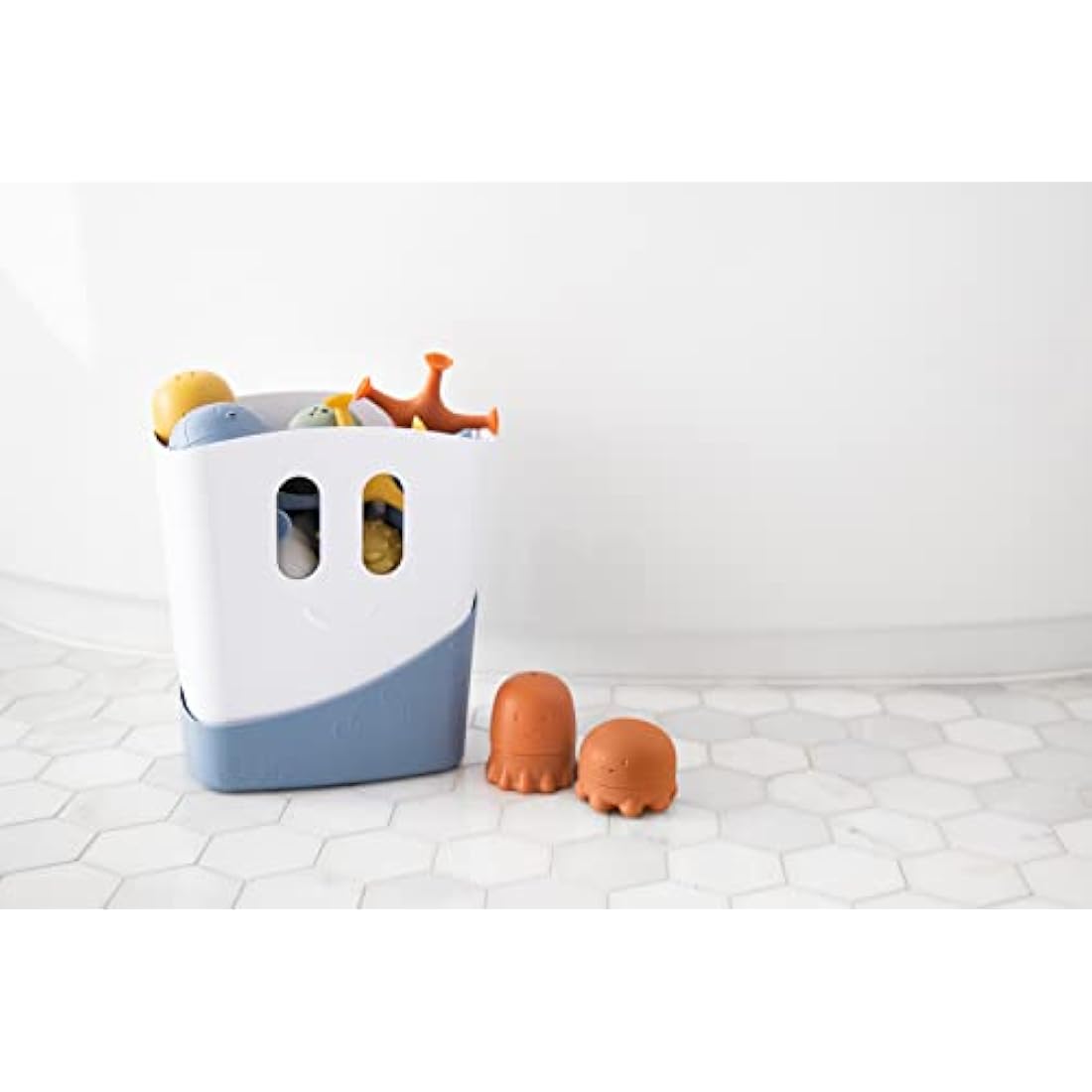 Ubbi Bath Time Essential Gift Set, Includes Drying Bin and 12 Water Toys for Toddler Bath Time Play, Baby Bath Accessory, Muted Blue