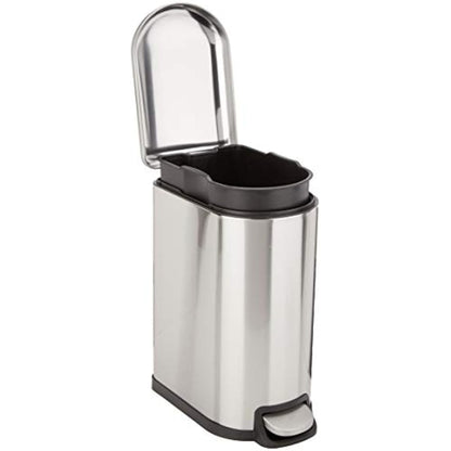 Amazon Basics Smudge Resistant Small D-Shaped Trash Can With Soft-Close Foot Pedal for Bathroom,Bedroom or Living room, Slim shape for narrow space, 10 l /2.6 gallons, Brushed Stainless Steel