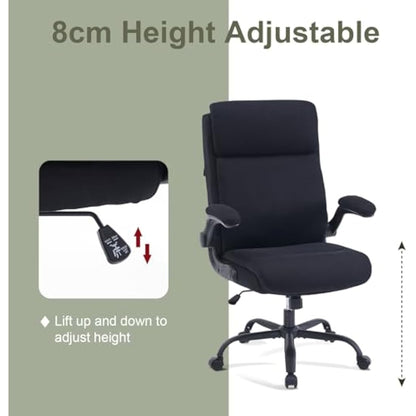 CASTLOVE Ergonomic Office Chair for Home - Computer Desk Chair with Back Support - Flip Up Armrest - High Back - Height Adjustable - Rocking Function (Fabric Office Chair Black Max 150 kg)