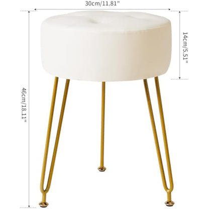 IBUYKE Faux Leather Round Footrest Stool, Makeup Vanity Stool Side Table, PU Dressing Table Seat, Pouf Couch Stool, Golden Steel Legs, White L/G-31W
