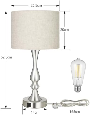 EDISHINE Bedside Lamps Set of 2, 3 Way Dimmable Touch Lamp with USB Charging, Table Lamps for Living Room, Bedroom, Beige Linen Shade (LED Bulbs Included)
