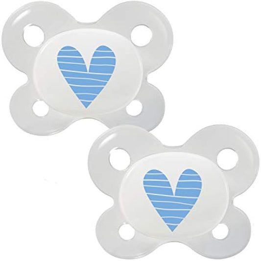 Dentistar® Silicone Soother Set of 2 - Size 0 for 0-2 Months - Tooth and Jaw Friendly Silicone Soother with Dental Step - Blue with Heart Motif - BPA Free Baby Accessories - Made in Germany