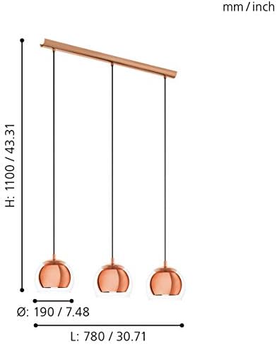 EGLO Ceiling Light Fitting Rocamar with 3 lampshades, Pendant Lighting Made of Copper-Coloured Steel and Clear Glass, Hanging lamp for Dining Table and Living Room, E27 Socket