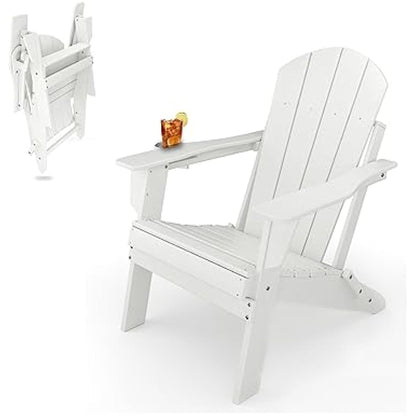 Sleek Space Adirondack Folding Chair for Garden, Patio or Deck - Arm Rests and Cup Holder - Lightweight, Weatherproof - Stylish, Durable Outdoor Furniture for Fire Pit, Beach, Poolside, Porch (White)