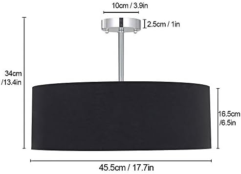 SPARKSOR Ceiling Light, Modern Fabric Pendant Light Shade, Large Black Drum Lampshade, Round Pendant Lamp, for Bedroom Living Room, Flush Chrome Matt, 3 Bulb, E27
