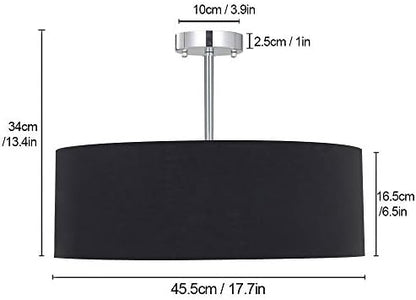 SPARKSOR Ceiling Light, Modern Fabric Pendant Light Shade, Large Black Drum Lampshade, Round Pendant Lamp, for Bedroom Living Room, Flush Chrome Matt, 3 Bulb, E27