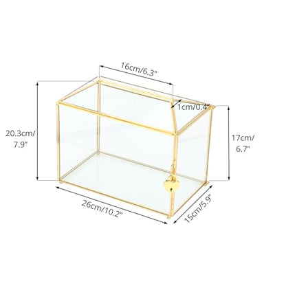 NCYP Glass Card Box with Slot and Lock for Wedding, Party Reception, Donation, Keepsake - Small 26x15x20.3 CM - Geometric Decorative, Gold, Handmade