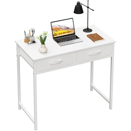 WOHOMO Small Computer Desk with Drawers, 31.5 Inch White Vanity Desk with Storage, Home Office Computer Desks for Small Spaces, Modern Work Writing Study Table, White