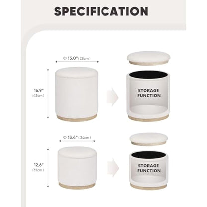Bonlife Round White Ottoman with Storage Set of 2,Makeup Vanity Stool Chair,Ottoman Coffee Table for Living Room,Bedroom,Dining Room,39x39x44cm