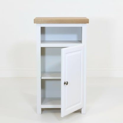 ALL WHITE Small Cabinet with Shelf, Solid Wooden Slim Cabinet for Hallway or Livingroom, Ready Assembled Narrow Unit with Oak Top Slim Storage Unit