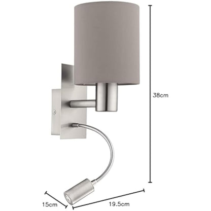 EGLO Pasteri 2-Bulb LED Fabric Wall Lamp, Steel and Fabric Bedside Light Coloured in Nickel Matt and Taupe, E27 Socket, incl. Switch and Flexible Reading Light