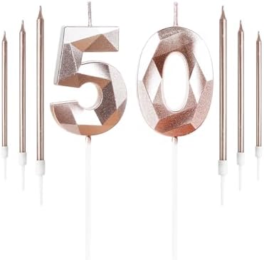 Rose Gold 50th Birthday Candles Set Number 50 Candle with Rose Gold Long Candles Birthday Candles for Cake, Birthday Candle, Cake Candles Cake Topper Decorations for Birthday Party Wedding Anniversary