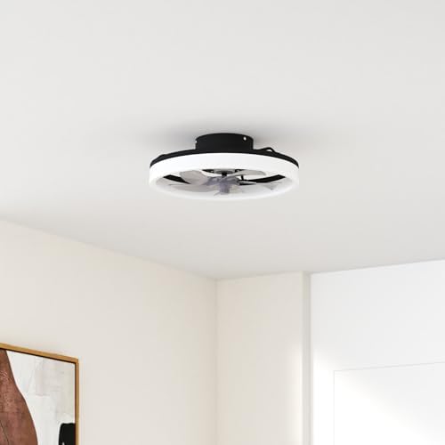 MOSSCO Ceiling Fans with Lights and Remote, LED Dimmable 3 Colour 6 Speeds Reversible Fan Light, Modern Fan Lights Ceiling for Bedroom, Flush Mount Low Profile Ceiling Fan Light Black 50CM