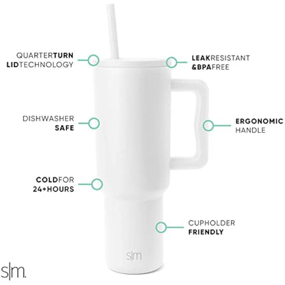 Simple Modern Tumbler 40 oz with Handle and Straw | Insulated Stainless Steel Water Bottle Iced Coffee Cup Travel Mug | Gifts for Women & Men | Trek | 1180ml | Winter White