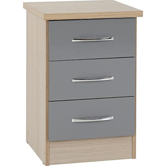 Seconique Nevada 3 Drawer Bedside in Grey Gloss/Light Oak Effect Veneer