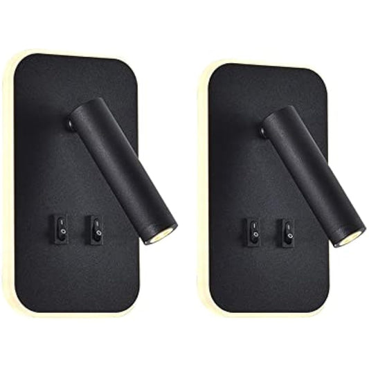 uksunvi LED Wall Mounted Lamp,Bedside Reading Wall Light,12W LED Wall Lamp, Adjustable Spotlight （3W +9W 3000K Warm Light） (2PCS Black Rectangular)