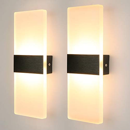 Glighone 2Pcs LED Wall Light Indoor Wall Wash Lights LED Wall Sconce Modern Wall Lamp Black Acrylic Lighting for Living Room Bedroom Hallway Dining