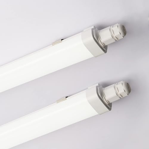 Sundertech 5FT Waterproof LED Batten Light, Pack of 2 with Built-in Connector for Shed, Workshop and Warehouse. 45W, 6500K Cold White Integrated Tube Light, IP65 Rated.