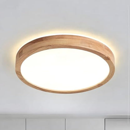 WayLuoung Wooden LED Ceiling Light | Ø30cm 3000K 1620Lm 18W | Round Top 360° Glow Natural Wood Ceiling Lamp, Bedroom, Living Room, Children's Room, Kitchen, Dining Room, Home, Office (Warm White)