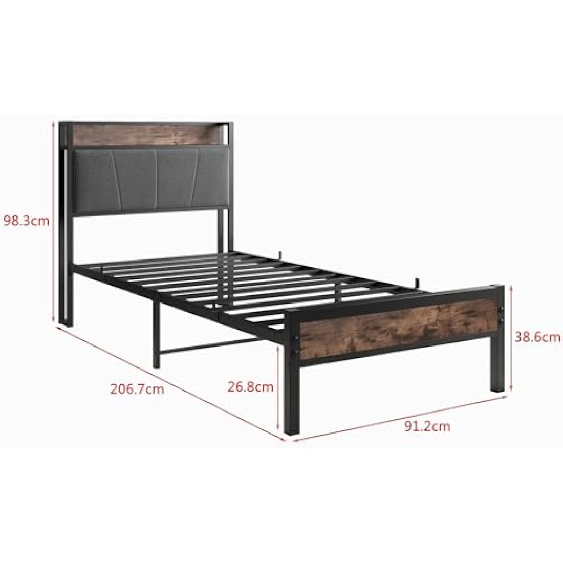 BORPHOM 3ft Single Bed Frame with Storage Headboard,Heavy Duty Metal Upholstered Platform Bed Frame,Mattress Foundation/Strong Steel Slat Support/Under-bed Storage/Easy Assembly