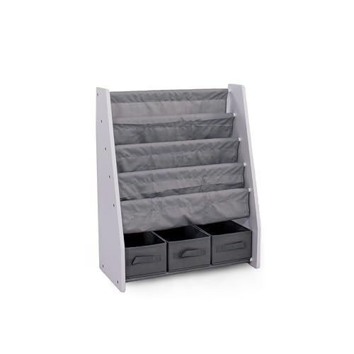 Humble Crew Inspire Wooden Bookshelf for Children, 4 Tier Book Storage Shelf with Deep Fabric Pockets, 3 Collapsable Bin Organisers, Forward Facing