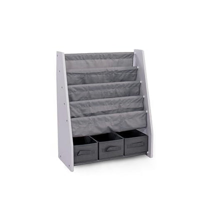 Humble Crew Inspire Wooden Bookshelf for Children, 4 Tier Book Storage Shelf with Deep Fabric Pockets, 3 Collapsable Bin Organisers, Forward Facing