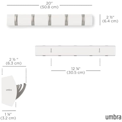 Umbra Flip 5-Hook Wall Mounted Coat Rack, Modern, Sleek, Space-Saving Coat Hanger with 5 Retractable Hooks to Hang Coats, Scarfs, Purses and More, White/Nickel