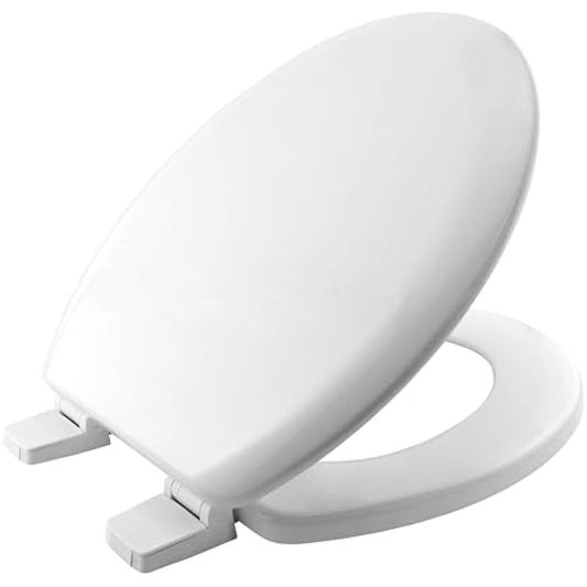 BEMIS Chicago White Toilet Seat. Wooden Toilet Seat with Water Based Paint for Easy Clean. Oval Shape, with Adjustable Plastic Hinges, Universal & Easy Installation, White