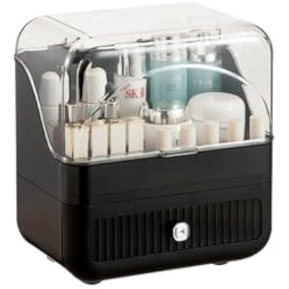 RMAN Makeup Organiser Portable Makeup Storage with Drawer and Clear Lid for Bedroom, Bathroom and Dressing Table, Waterproof and Dustproof - Black