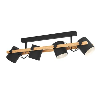Eglo Ceiling Light Hornwood, 4 Light Vintage and Industrial Style Lighting Made of Black Metal and Natural Wood, Living Room and Bedroom spotlights,