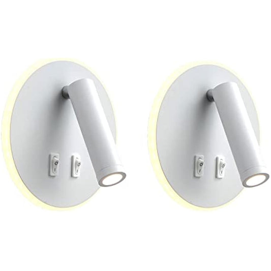 uksunvi LED Wall Mounted Lamp,Bedside Reading Wall Light,12W LED Wall Lamp, Adjustable Spotlight （3W +9W 3000K Warm Light） (2PCS White Circular)