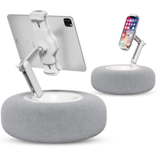 Viozon Tablet Stand with Pillow, Kindle Holder, Compatible with 4.7"-13" Phone/Tablet, iPad, iPhone, Google, Kindle, 360°Adjustable Phone Holder for Bed with Soft Plush Fabric, Detachable Bowl, Grey