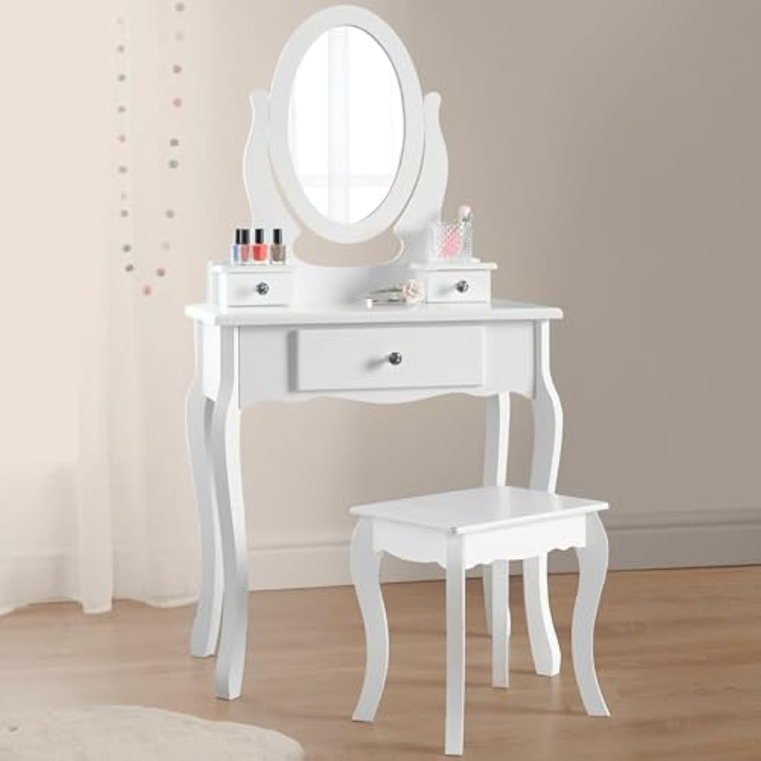 Runesol Girls Dressing Table (Age 8-13yrs) with Mirror and Stool, Children's White Wooden Make up Dresser, Kids Vanity Table, Childs Dressing table, Dressing Table Set for a Kid