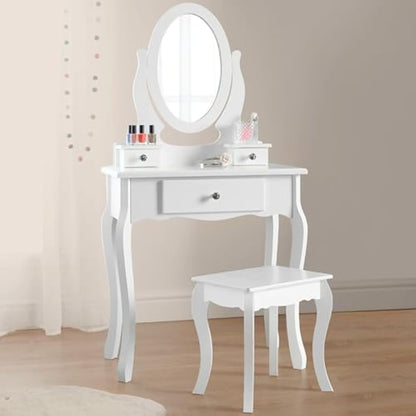Runesol Girls Dressing Table (Age 8-13yrs) with Mirror and Stool, Children's White Wooden Make up Dresser, Kids Vanity Table, Childs Dressing table, Dressing Table Set for a Kid