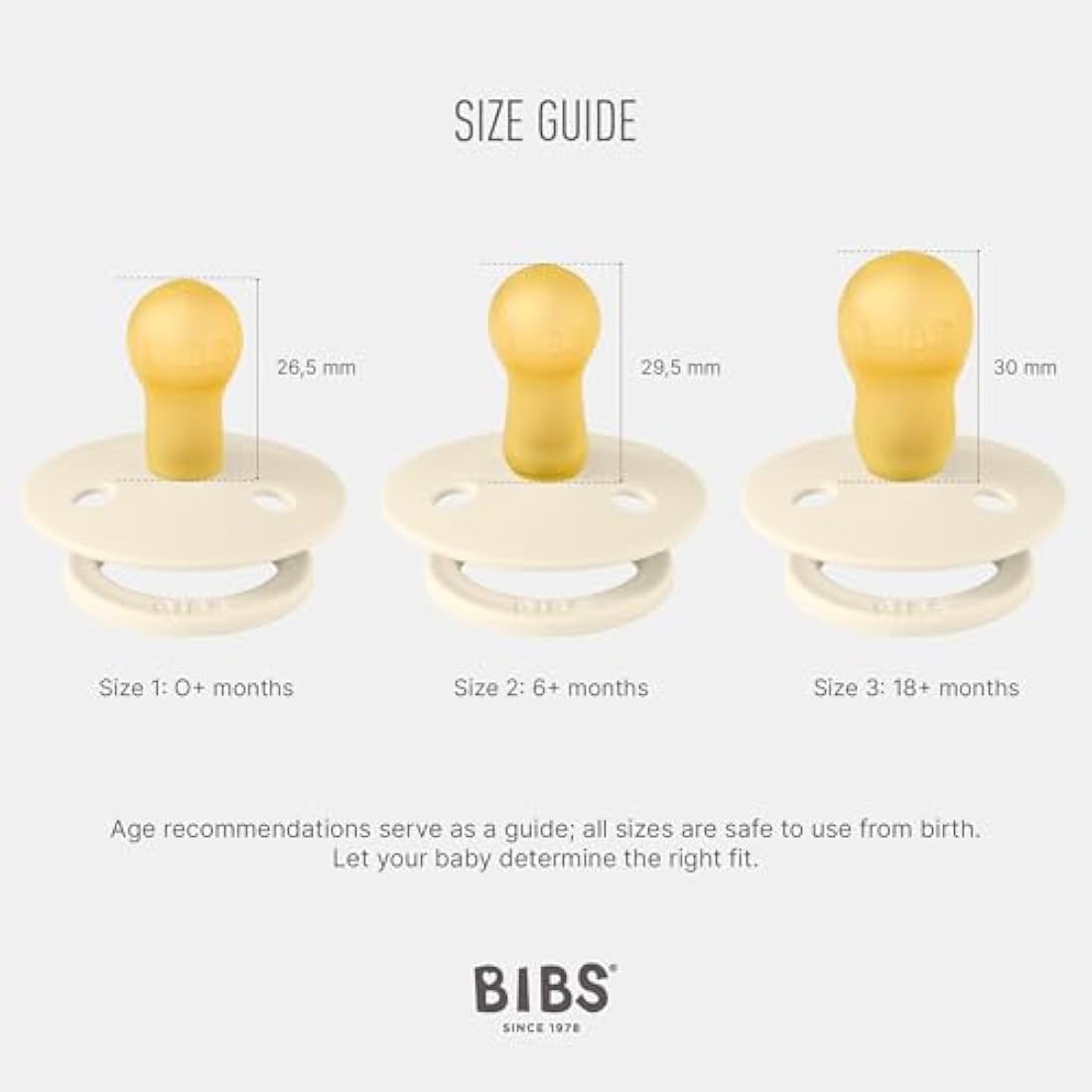 BIBS Colour Soother 2-Pack, BPA Free Dummy Pacifier, Round Nipple. Natural Rubber Latex, Made in Denmark. 6-18 Months (Pack of 2), Sand/Iron