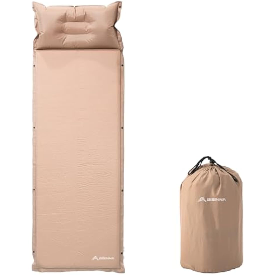 BISINNA Self-Inflating Camping Mat with Air Pillow – 3cm/5cm Thick, Snap-Buckle Design, Khaki/Olive Green, Compact & Lightweight