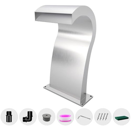 LONGRUNNEW Waterfall Spillway Stainless Steel Pool Fountain Curved with Accessories, Pond Waterfalls S-Shaped Outdoor Water Spillway Fountains Kit for Garden Patio Swimming Pool Decoration-52cm Height